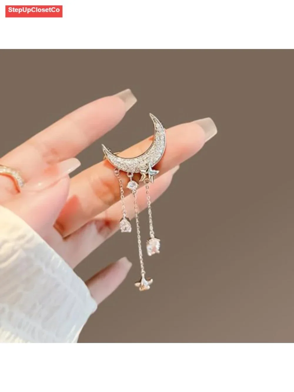 Moon Star Tassel Chain Brooch with Cubic Zirconia Rhinestones | Wedding